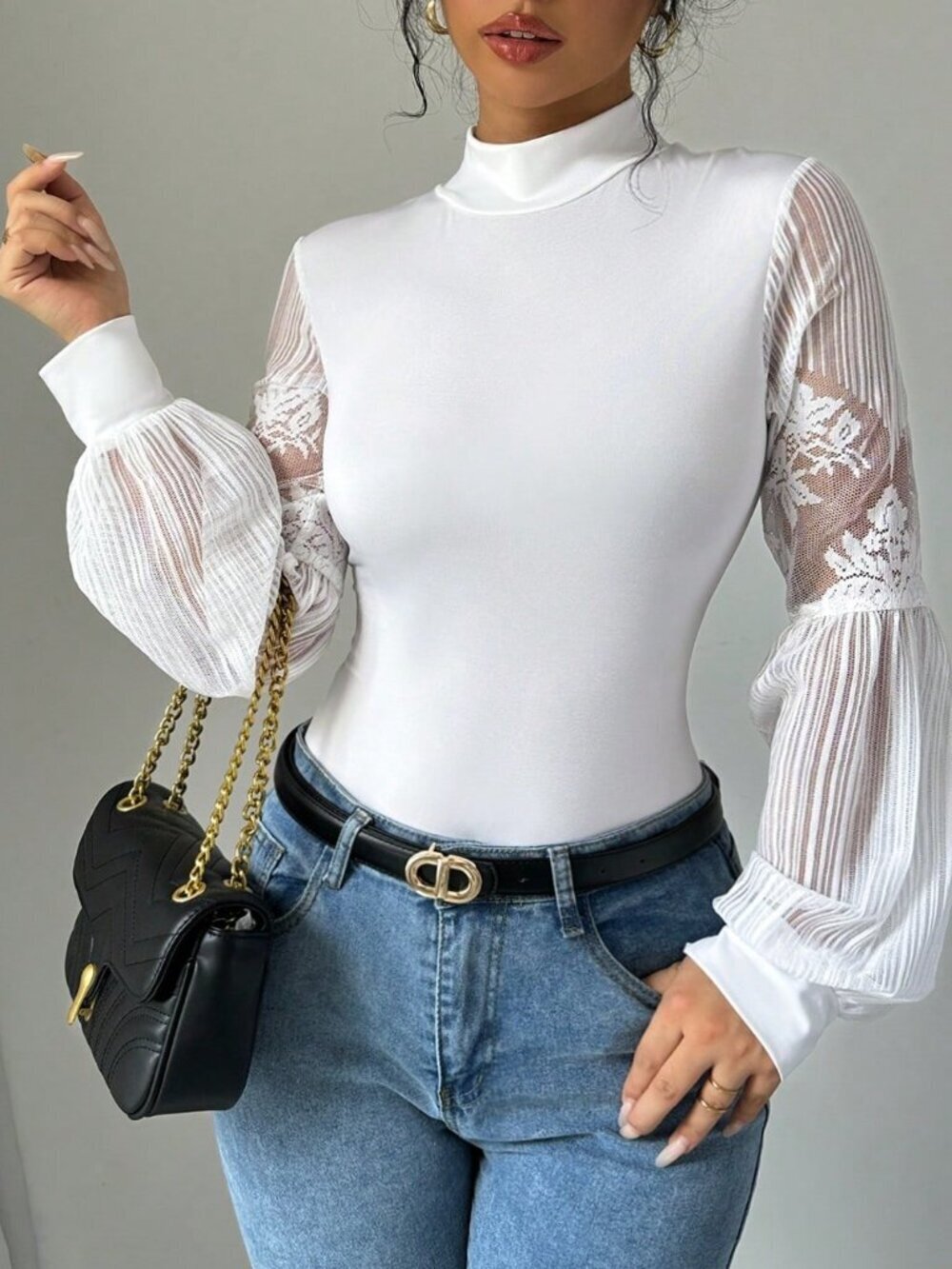 White Elegant Women's Lace Patchwork High Neck Long Sleeve Skinny Bodysuit